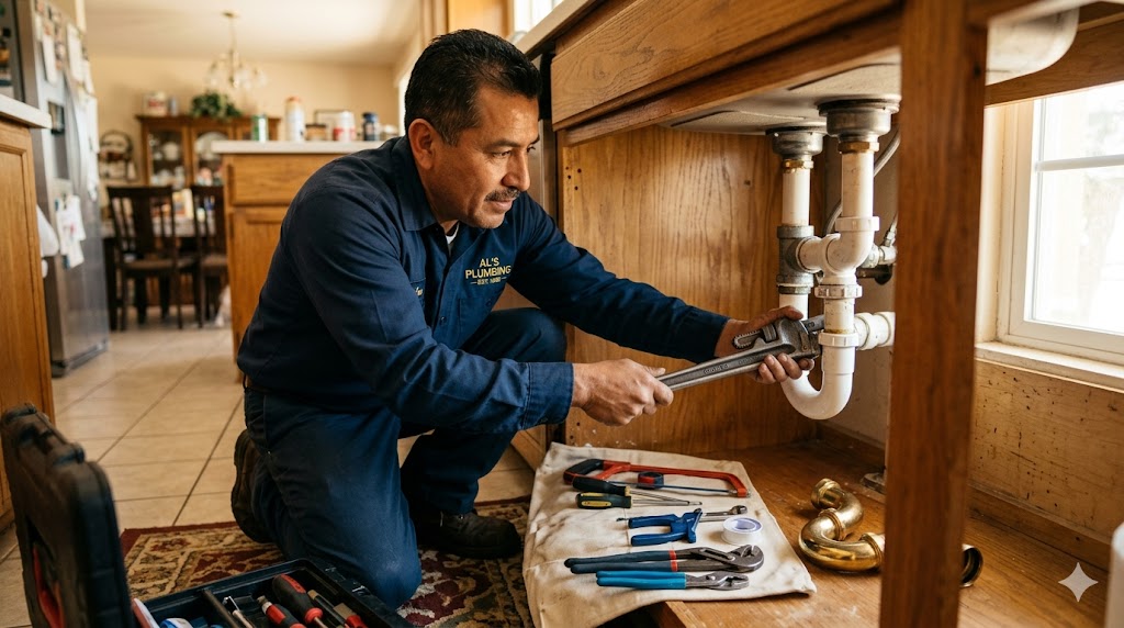 Al's plumber working under a kitchen sink